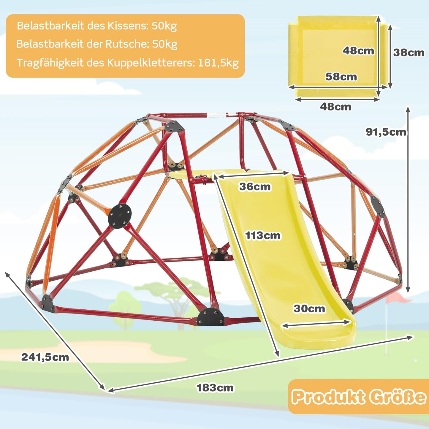 COSTWAY Climbing Dome with Slide, Dome Climbing Frame with Fabric Platform, 180 kg Load Capacity, Outdoor & Indoor Playground for 3-10 Years, Ideal for Gym, Backyard, Garden