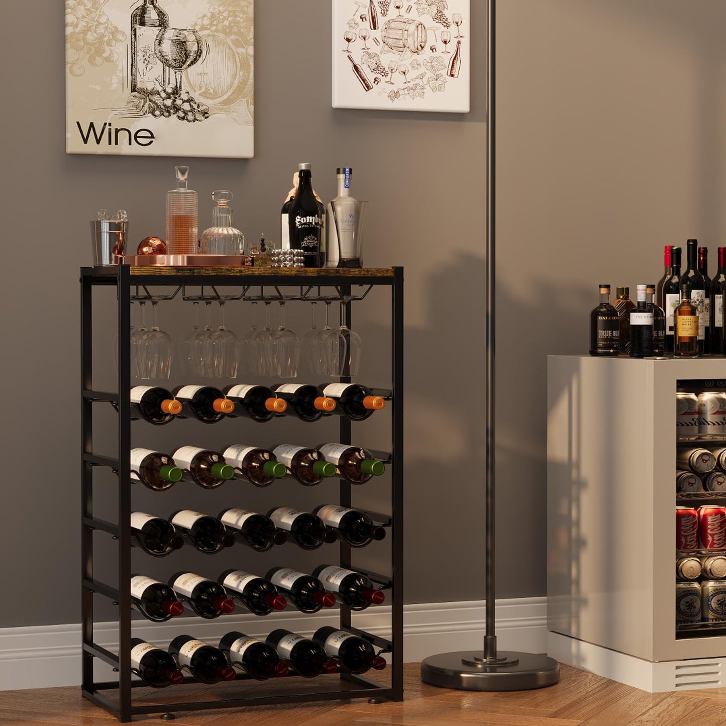 Urban Deco Wine Rack for 30 Bottles, Bottle Rack Standing with Wooden Table Top, Wine Rack Metal Black for Kitchen, Bar, Basement, Dining Room, 59 x 30 x 89 cm