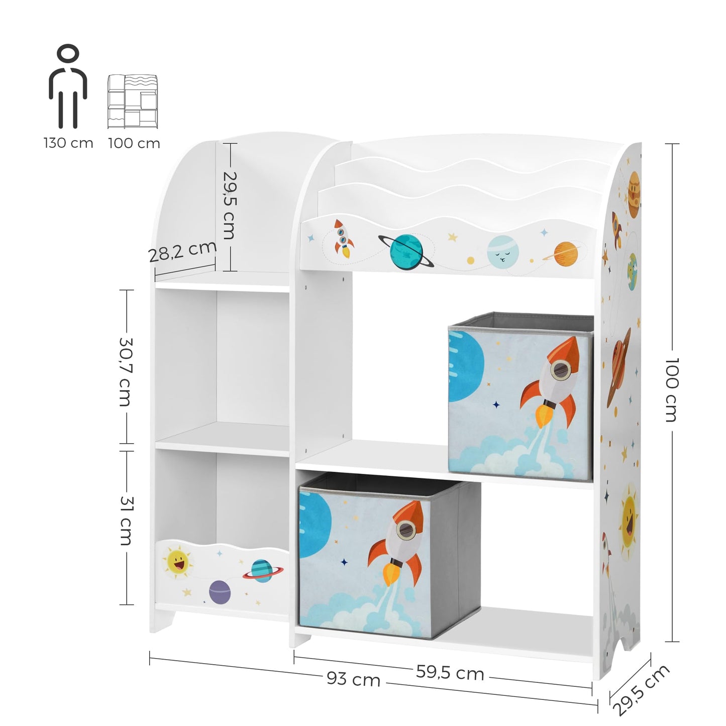 Songmics Children's Room Shelf, Toy Organiser, Bookcase for Children, Multifunctional Shelf with 2 Storage Boxes, Outer Space Stickers for Kids Bedroom, White GKR42WT