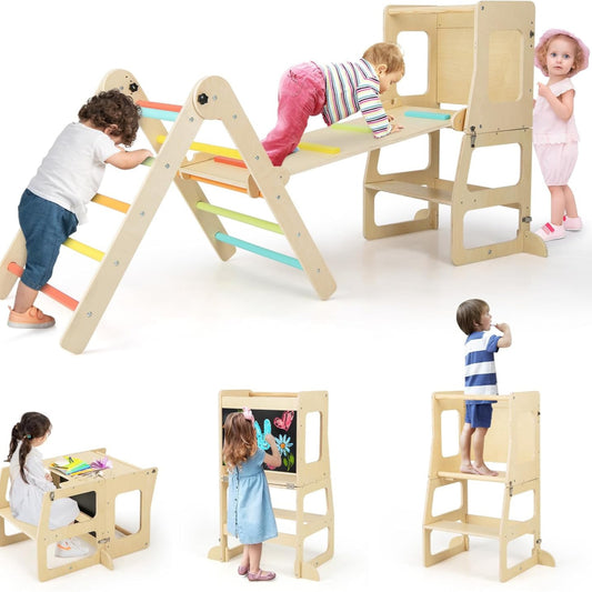 GOPLUS 7-in-1 Climbing Triangle Children, Foldable Climbing Set with Double-Sided Ramp, Convertible Step Aid & Board, Table & Chair Set, Montessori Gymnastics Toy for Children 3-14 Years Old