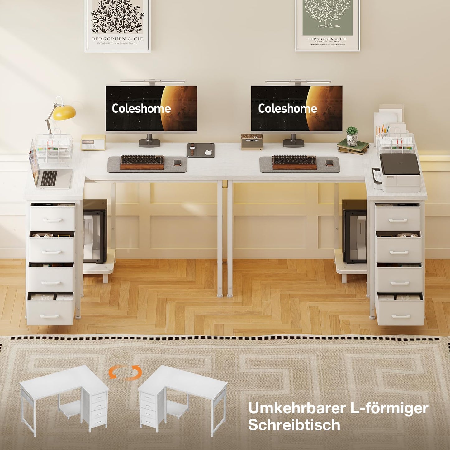 Coleshome Corner Desk, 100 x 70 cm, L Shape Desk with 4 Drawers, Reversible Computer Desk for Office, Study, Bedroom, White