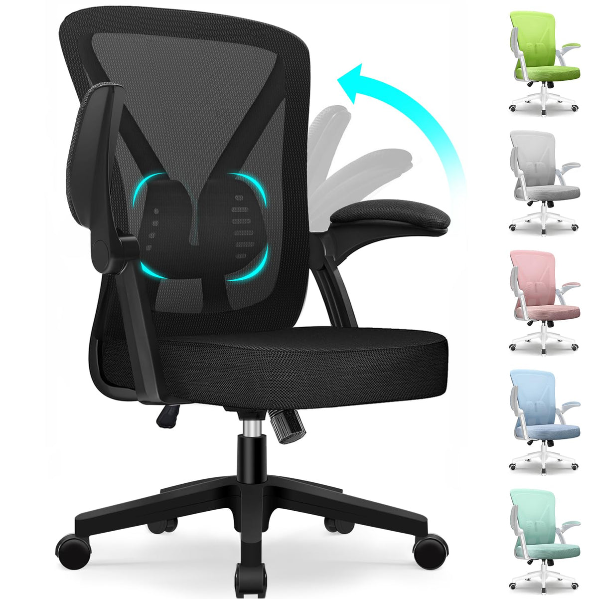 Hinonde Office Chair, Desk Chair with Folding Armrests and Rocker Function, 360° Swivel Chair, Height-Adjustable Office Chair, Ergonomic Home Office Chair with Breathable Mesh, Up to 150 kg