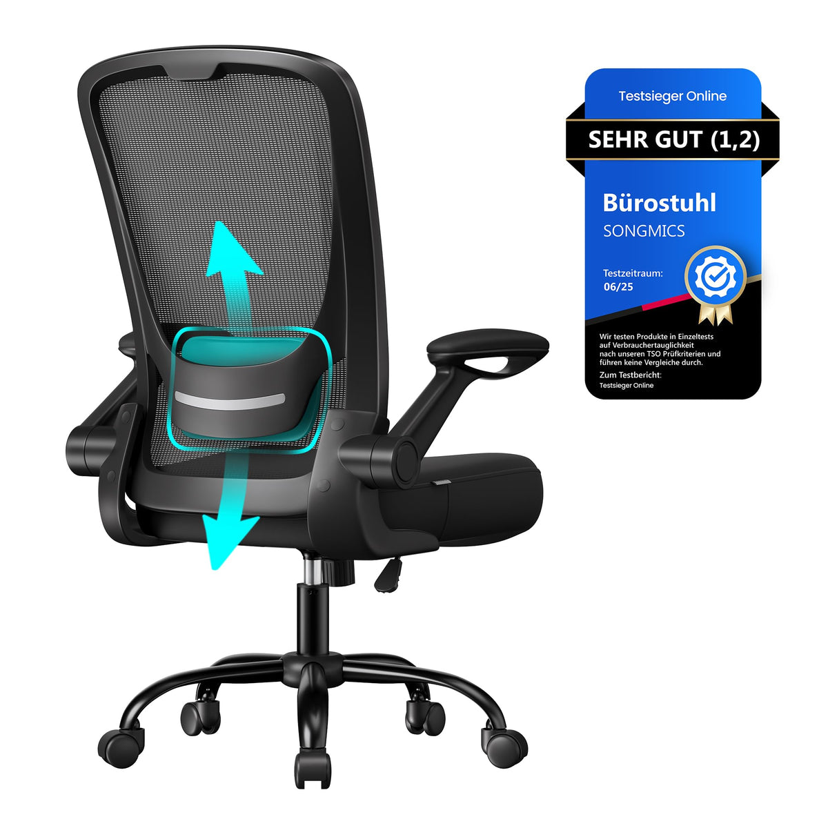 SONGMICS OBN037R01 Office Chair, Desk Chair, Mesh Swivel Chair, Ergonomic, Padded Lumbar Support, Rocker Function, 53 cm Seat, Folding Arms, Pastel Pink