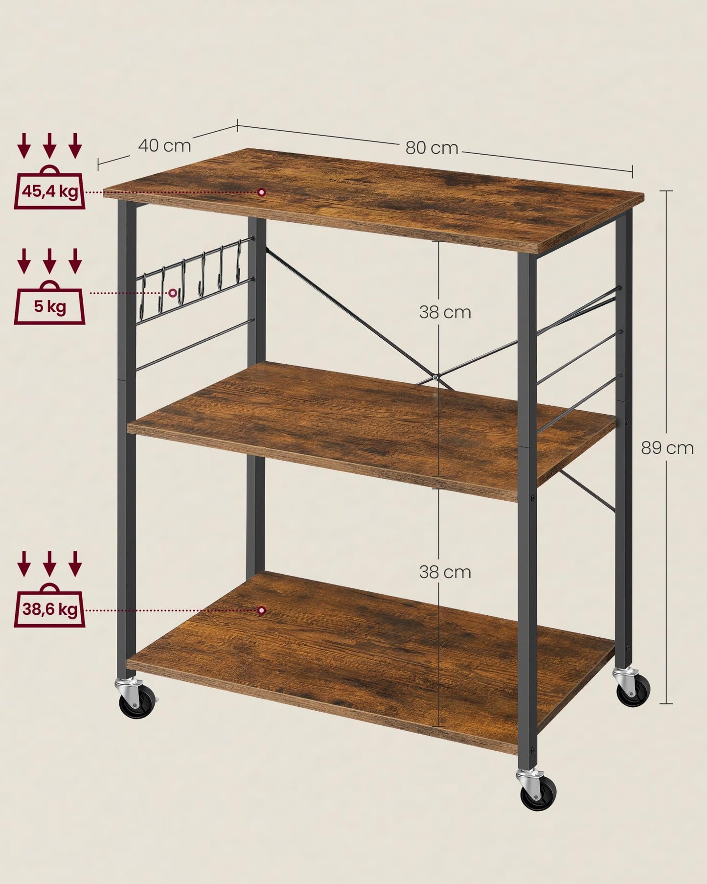 VASAGLE KKS60XV1 Kitchen Rack on Wheels Serving Trolley 3 Tier Kitchen Trolley Mini Oven Microwave Metal Frame 6 Hooks 40 x 60 x 89 cm Vintage Brown Ink Black