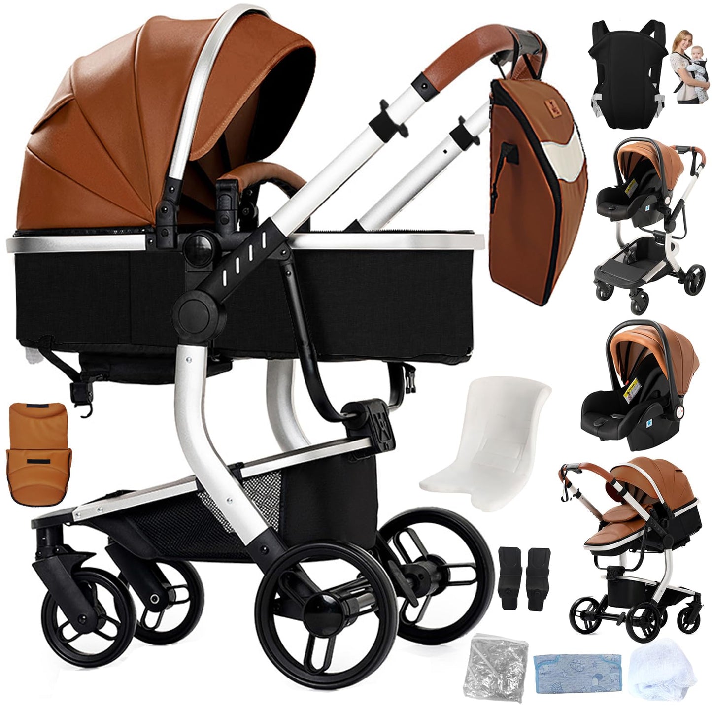 PU Leather Pushchair 3-in-1, Buggy with One-Click Folding Design, Pushchair with Two Reversible Sliding Modes, Combination Pushchair 3-in-1 Complete Set Frame Aluminium Alloy (518 Black)