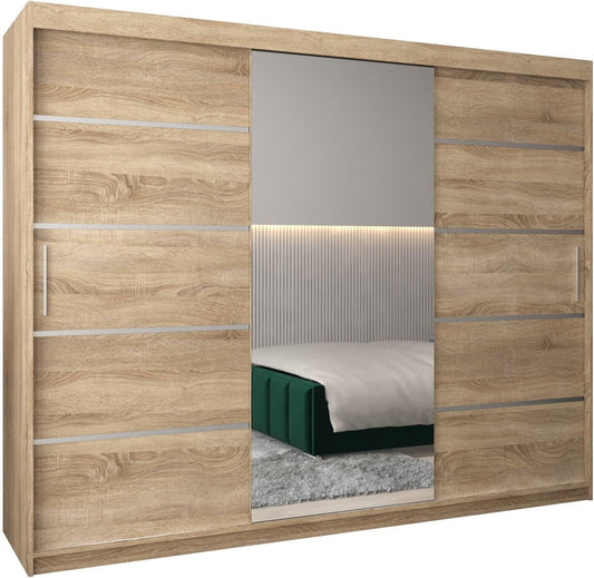 MEBLE KRYSPOL Kleiderschrank mit Spiegel Verona 2 - Garderobenschrank - Schrank Schlafzimmer - Mehrzweckschrank DREI Schiebetüren - Regalen - Flur Möbel - Kleiderstange Schrank - Allzweckschrank