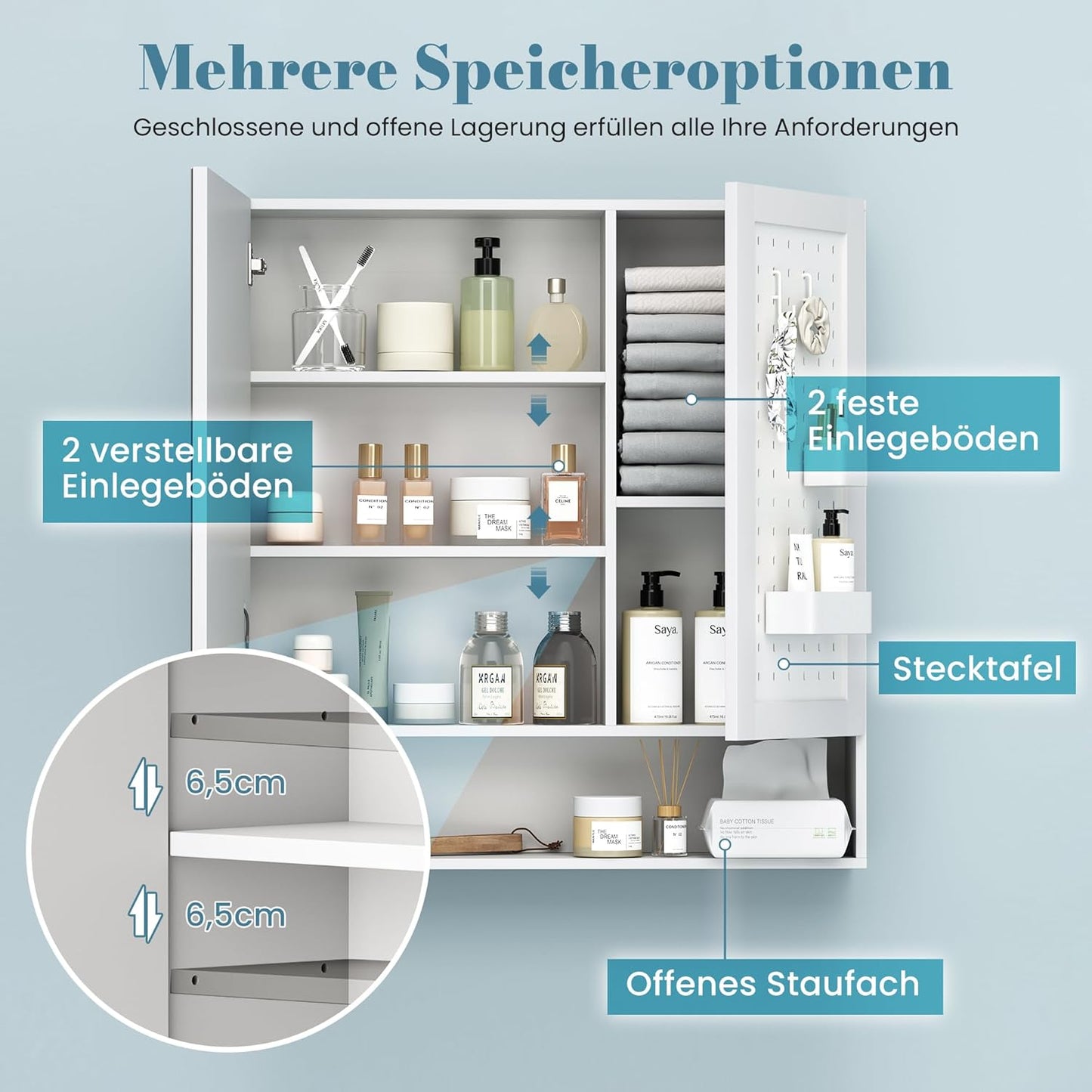 Pamapic Bathroom Mirror Cabinet with Lighting, Bathroom Cabinet with Mirror, Wall Cabinet Bathroom with Pegboard & Adjustable Shelves, Cabinet with Bathroom Mirror, 3 Colours, Dimmable, White