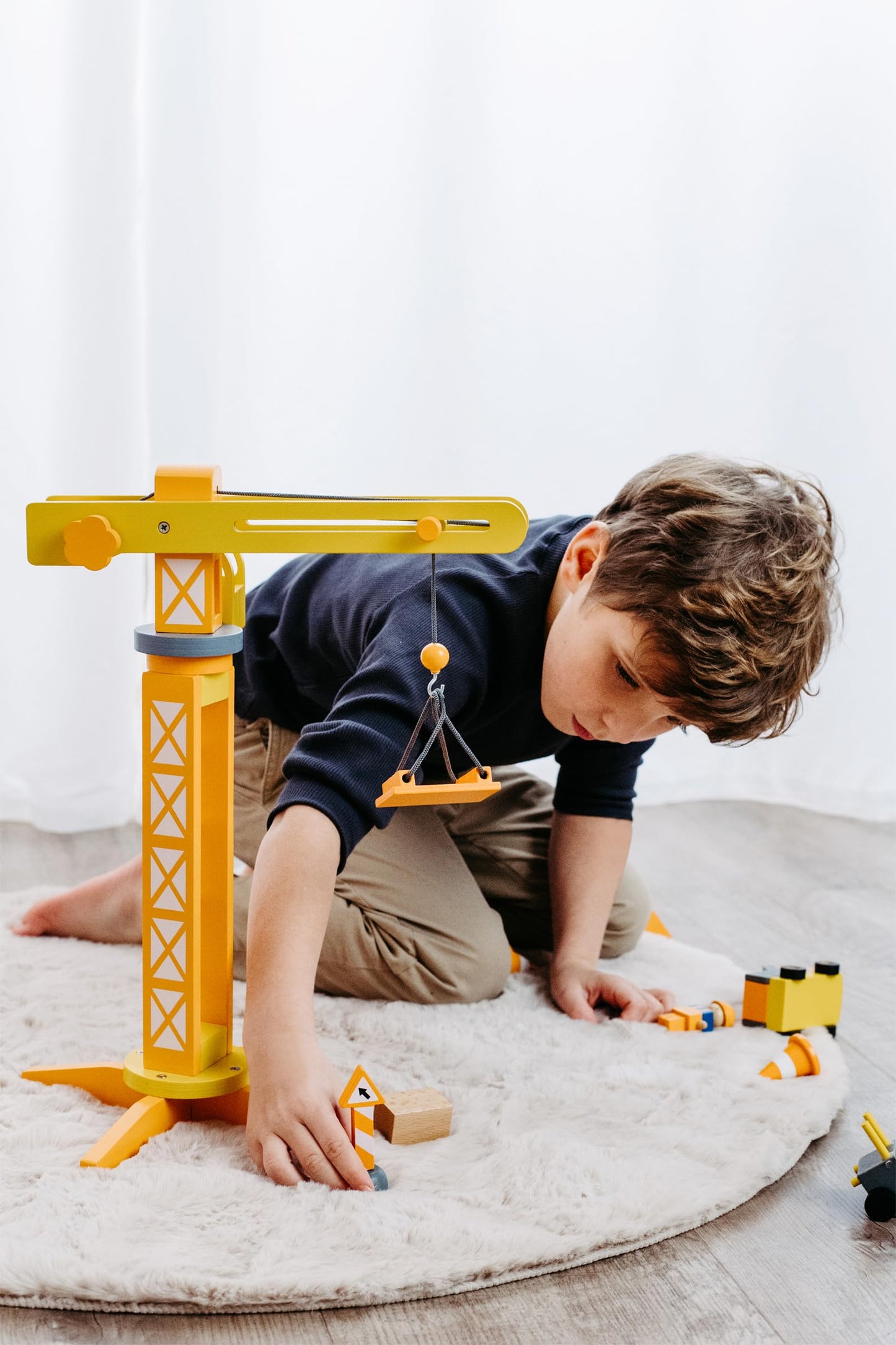 Small Foot 12007 Wooden Crane FSC 100% Certified with Construction Site Accessories 13 Pieces 360 Degree Rotation for Small Builders Toys Multi-Colour