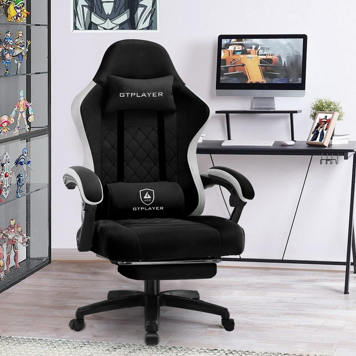 GTPLAYER Gaming Chair, Ergonomic Gaming Chair, Desk Chair with Fabric Surface, Spring Seat Cushion, Connecting Armrests and Footrest, Light Black