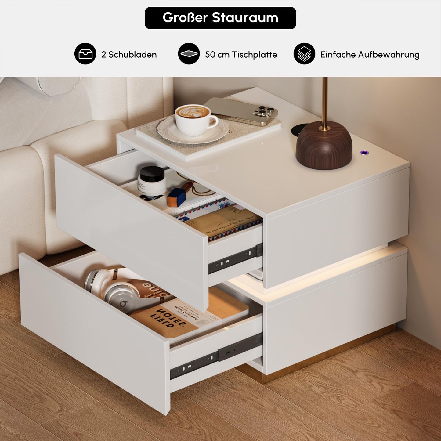 Homary LED Smart Bedside Table with Wireless Charging Station, Bedside Table with Drawers & USB Ports, Modern Bedside Table with LED Lighting for Bedroom (Led White, 3 Drawers)