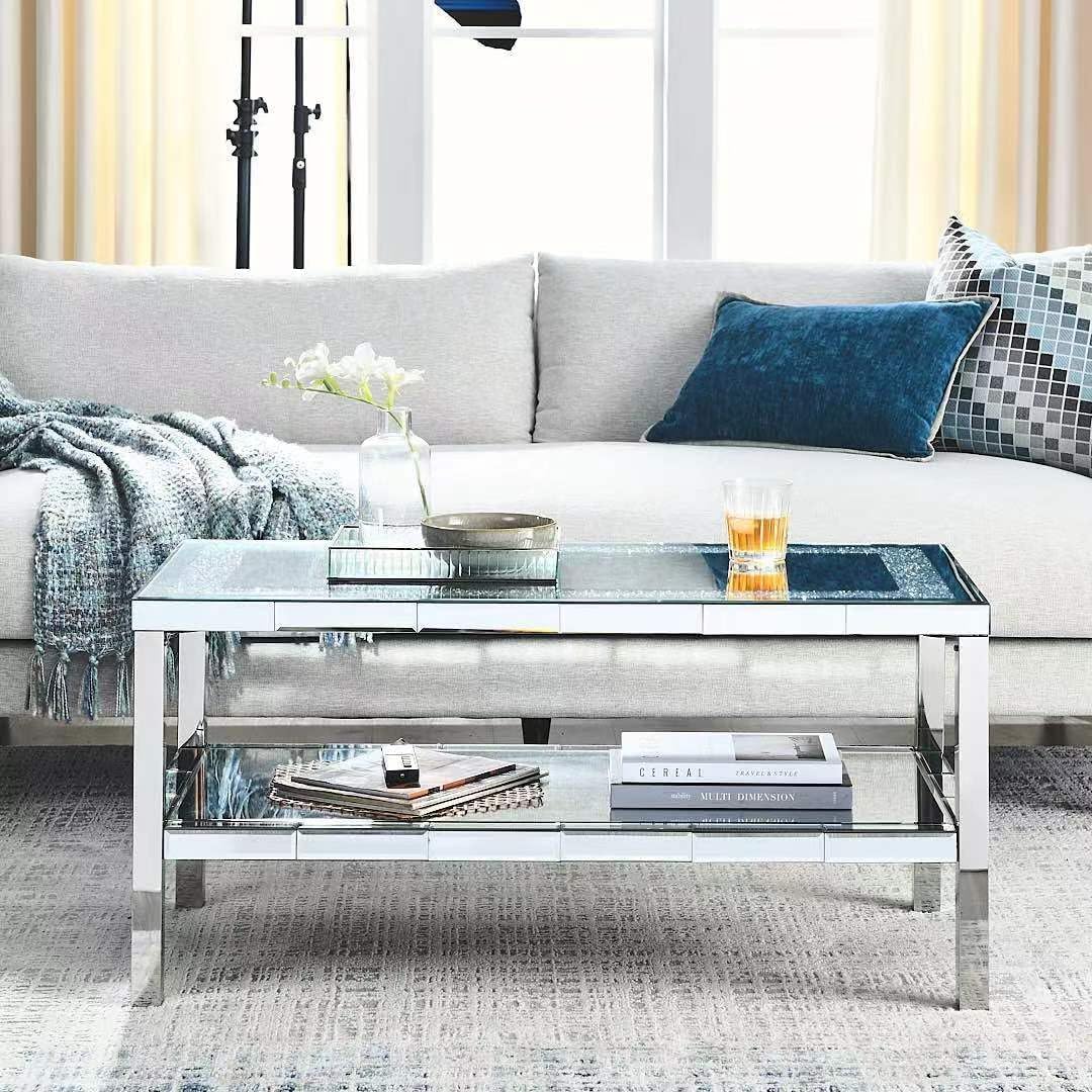 Rectangular Silver Mirrored Coffee Table for Living Room - Elegant Shiny Coffee Table with 2 Levels, Crystal Inlay and Stainless Steel Frame - Modern Cocktail Table / Side Table -