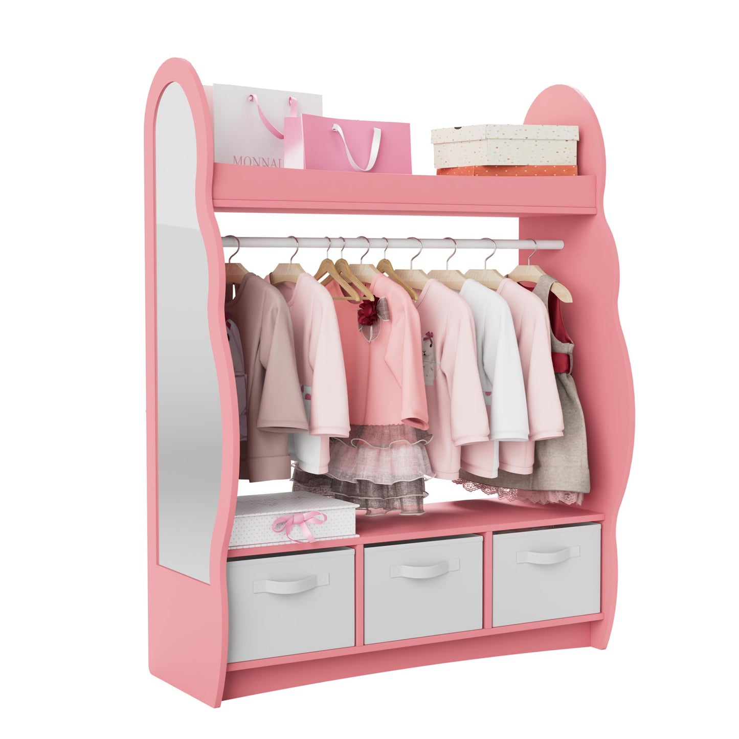 Children's Clothes Rack with Mirror, Clothes Rail with Shelves, Children's Wardrobe Wood, Children's Shelf for Children's Room, 81 x 28 x 106.5 cm (Clouds with 2 Drawers, White)