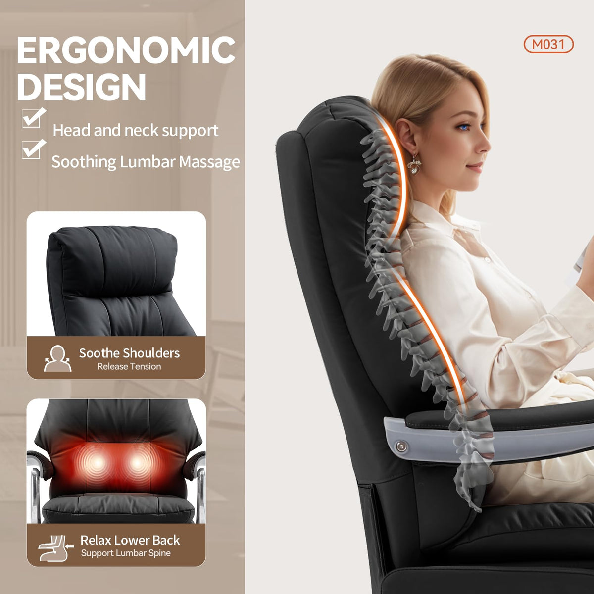 EMIAH Chefsessel mit Massage Bürostuhl mit Fußstütze Ergonomischer Elektrischer Breiter Computerstuhl Groß und hoch Schreibtischstuhl Zero Gravity Swivel Recliner Chair für Zuhause (Khaki)