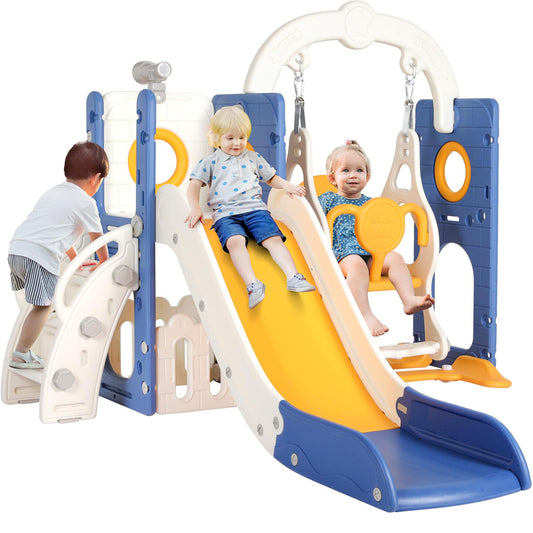 Swing Slide, 5-in-1 Children's Slide with Swing, Climbing Frame, Telescope, Storage, Indoor and Outdoor Freestanding Slide, Playground for Toddlers, for Max 60 kg from 1-6 Years, 2 Pieces Modules