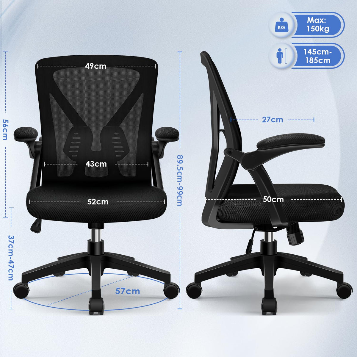 Hinonde Office Chair, Desk Chair with Folding Armrests and Rocker Function, 360° Swivel Chair, Height-Adjustable Office Chair, Ergonomic Home Office Chair with Breathable Mesh, Up to 150 kg