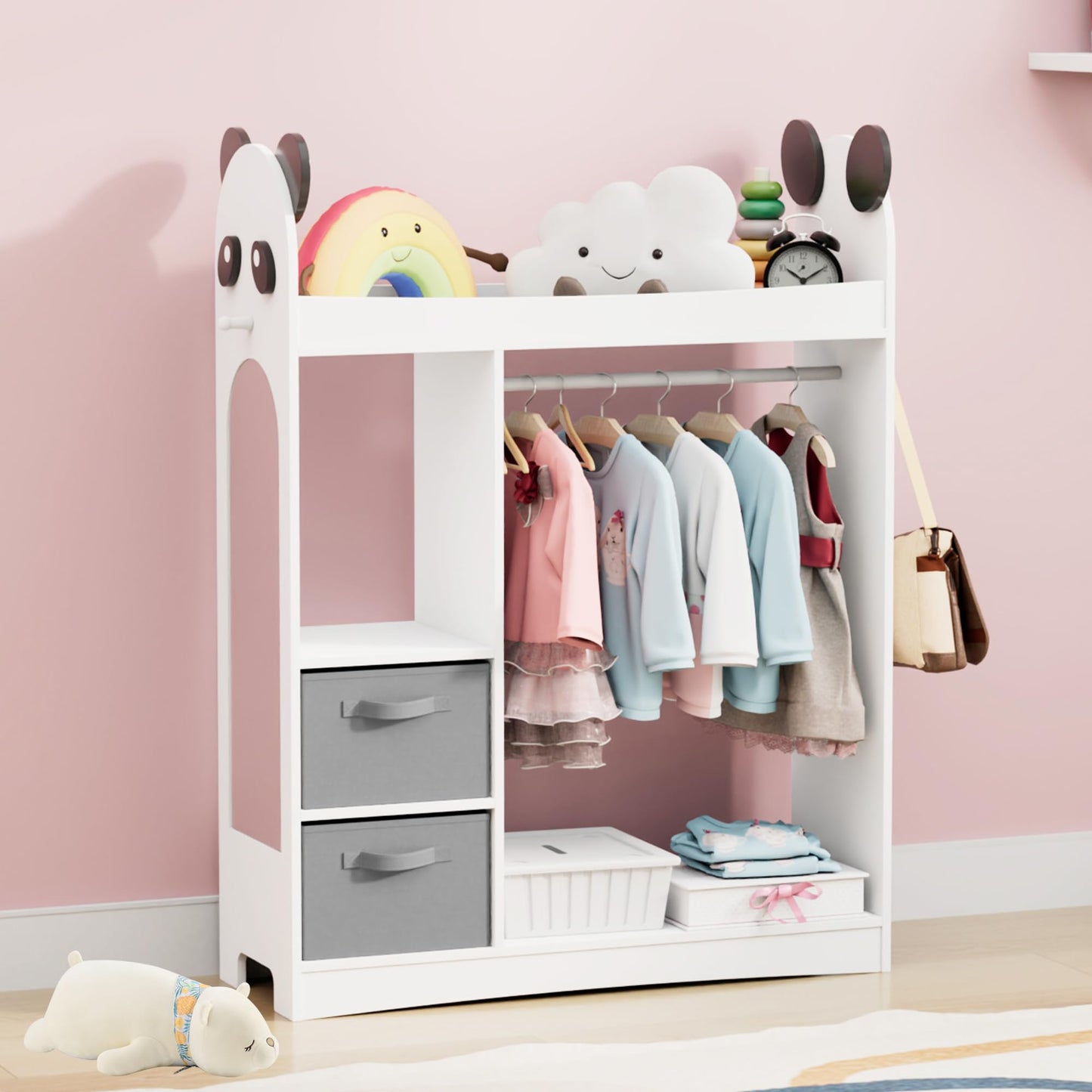 Children's Clothes Rack with Mirror, Clothes Rail with Shelves, Children's Wardrobe Wood, Children's Shelf for Children's Room, 81 x 28 x 106.5 cm (Clouds with 2 Drawers, White)