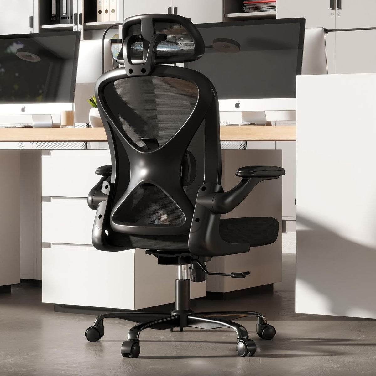 ZZH Ergonomic Desk Chair, Mesh Office Chair with Adjustable Lumbar Support & Folding Armrests, Breathable Computer Chair for Home Office with 360° Rotation & Height Adjustment, Black