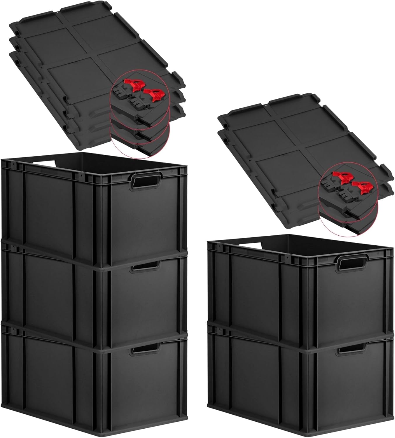 PROREGAL SuperSparSet 3 x Eurobox NextGen Grip with Lid and Yellow Clasps, H x W x D 32 x 40 x 60 cm, 65 Litres, Open Handles, Reinforced Base, Euro Container, Transport Box