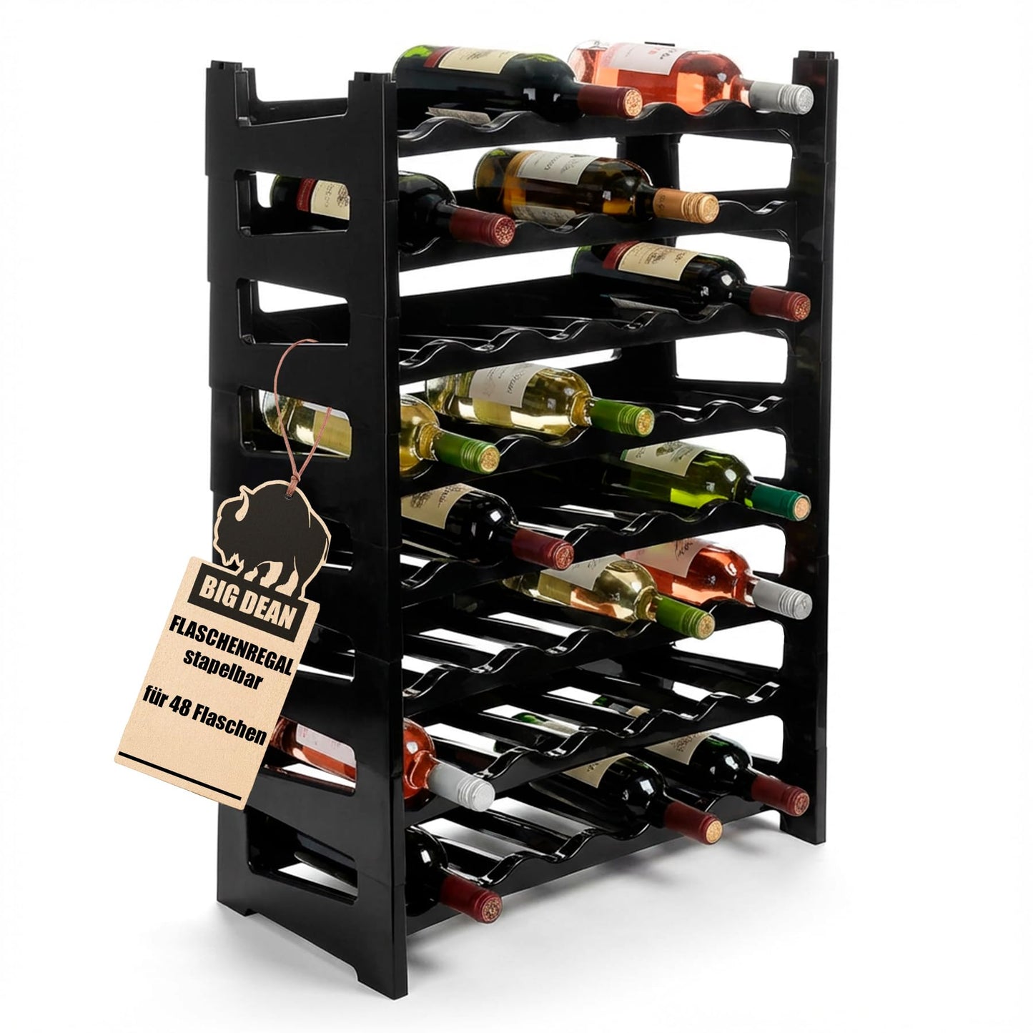 BigDean Bottle Rack Stackable for 72 Bottles Wine Rack Made of Plastic Black Drinks Rack Bottles Shelf System for Glass & PET up to 1.5 Litres