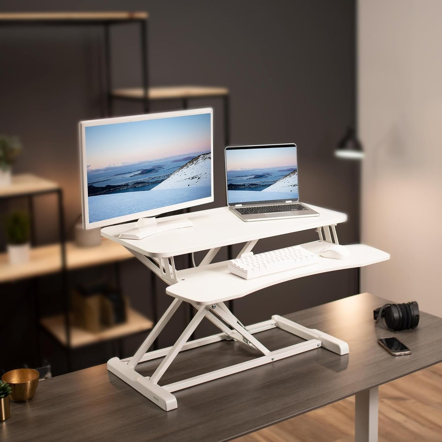 VIVO 32” Stehpult-Konverter mit höhenverstellbarem Aufsatz, Steh-Sitz-Arbeitsplatz für zwei Monitore und Laptop, mit breiter Tastaturablage, Schwarz, DESK-V000K
