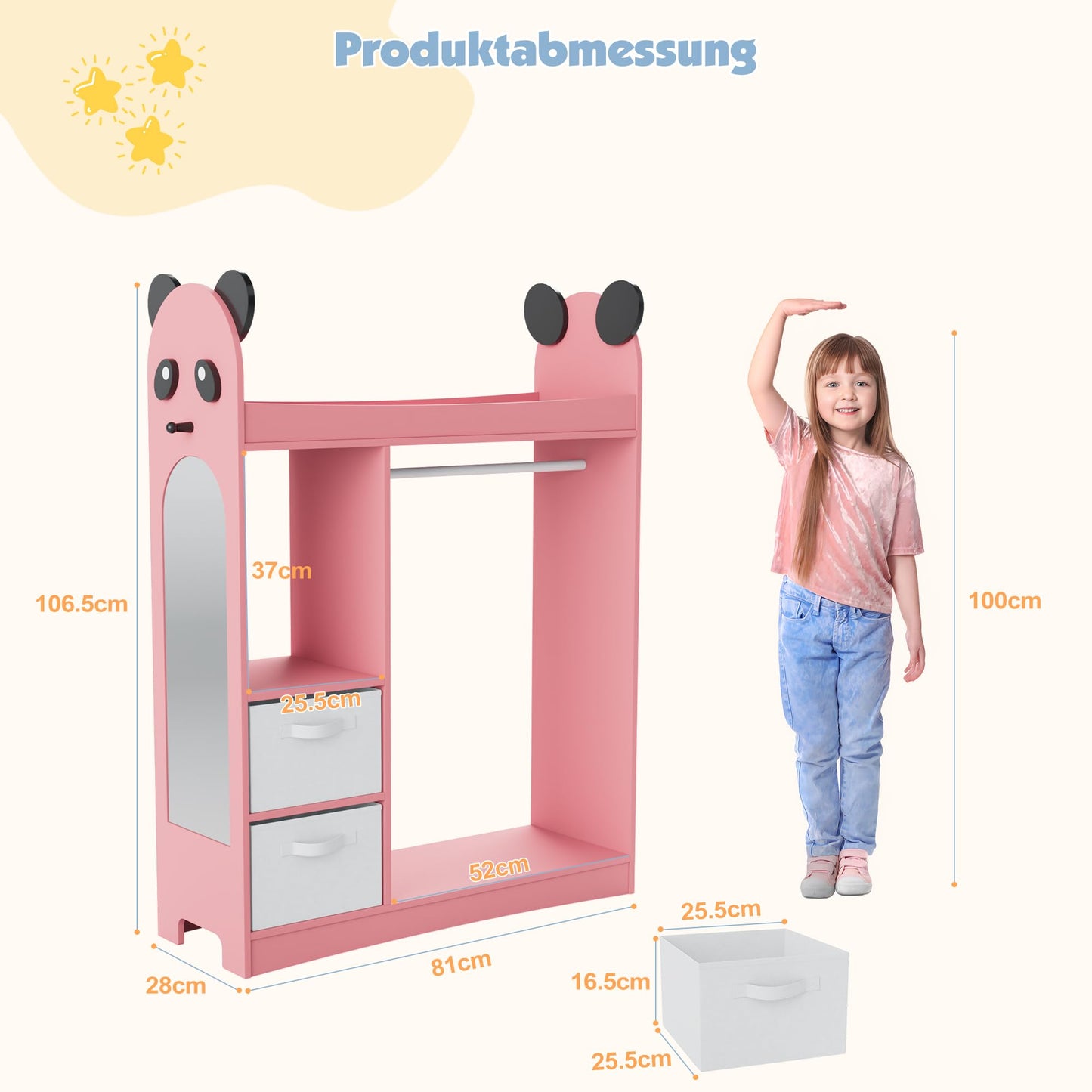 Children's Clothes Rack with Mirror, Clothes Rail with Shelves, Children's Wardrobe Wood, Children's Shelf for Children's Room, 81 x 28 x 106.5 cm (Clouds with 2 Drawers, White)