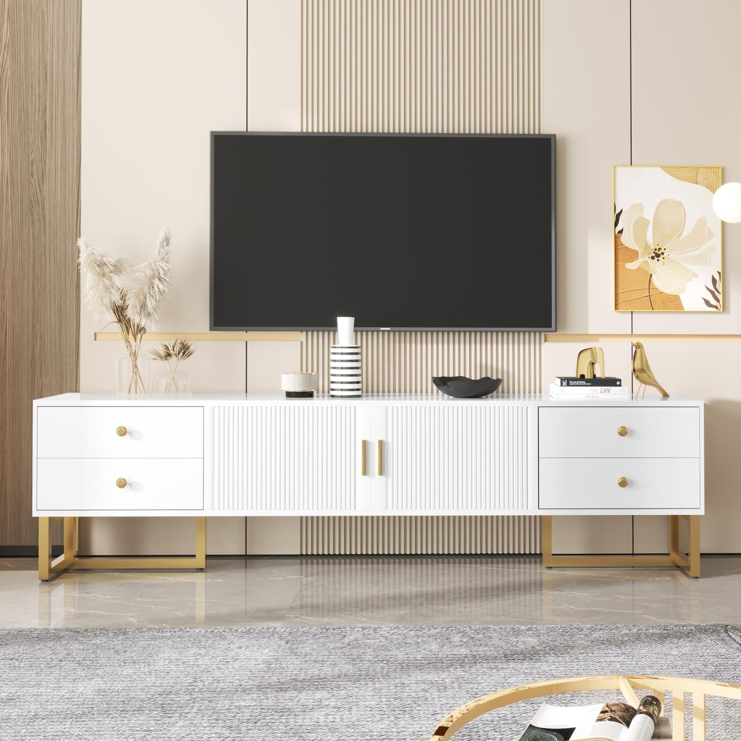TV Cabinet with 3 Drawers, TV Table with Golden Handles and Legs, Modern TV Stand for TVs up to 75 Inches, Rounded Corners, TV Cabinet for Living Room, 174 x 35 x 41 cm, White