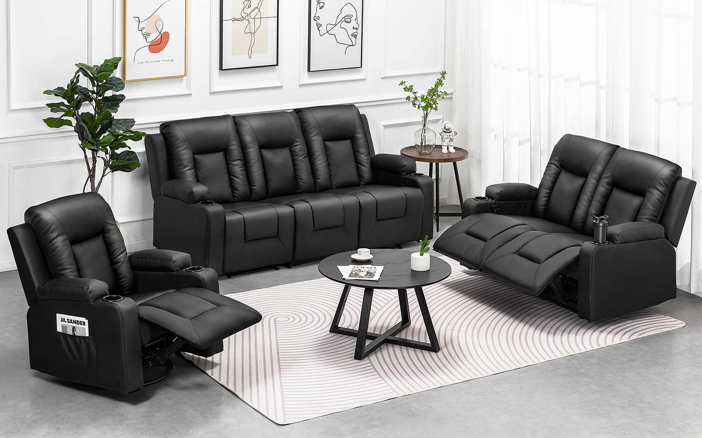 COMHOMA Relaxsessel-Set, Sofa, Sofa-Set aus Kunstleder, Fernsehsessel Ruhesessel Liegesessel mit Liege-Funktion Polstersessel Schlafsessel für Wohnzimmer Schlafzimmer Heimkino,Schwarz, 3+2+1