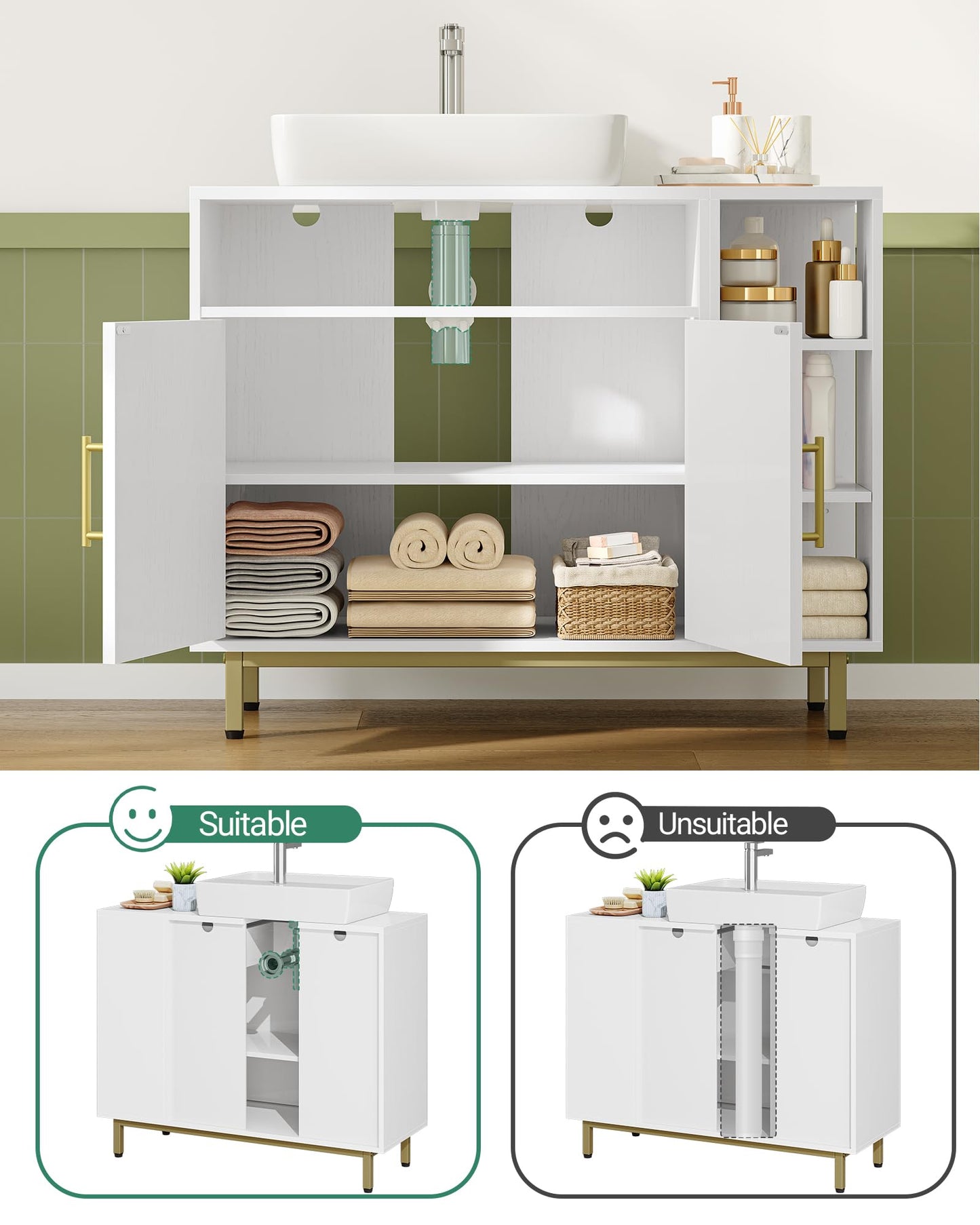 Hzuaneri BC28813G Bathroom Cabinet 1 Drawer 2 Cabinet Doors Open Compartment with 3 Levels Adjustable Shelf White 30 x 80 x 64 cm