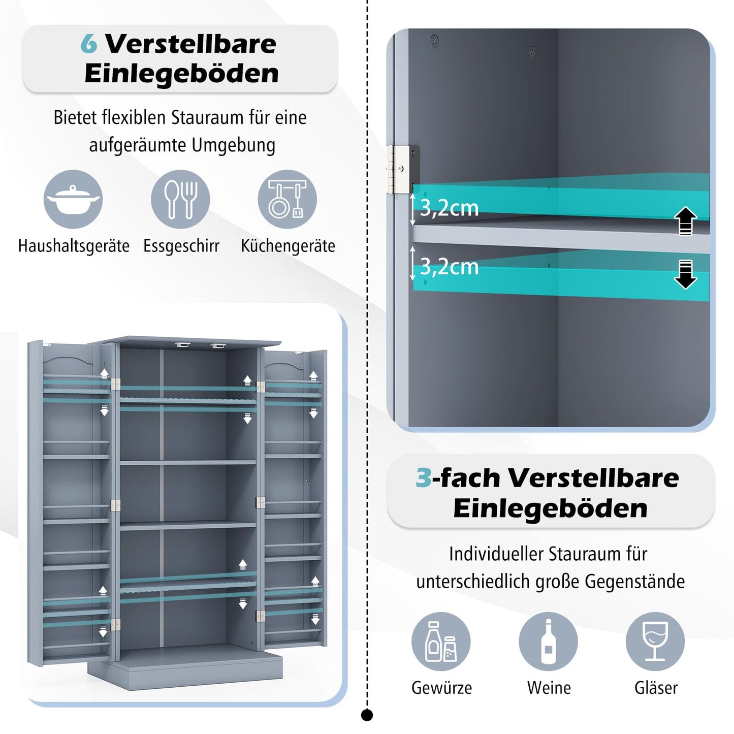 COSTWAY Kitchen Cabinet, Storage Cabinet with 2 Doors & 6 Adjustable Shelves, Multi-Purpose Cabinet for Kitchen, Living Room, Dining Room, 60 x 40 x 120 cm (Grey)