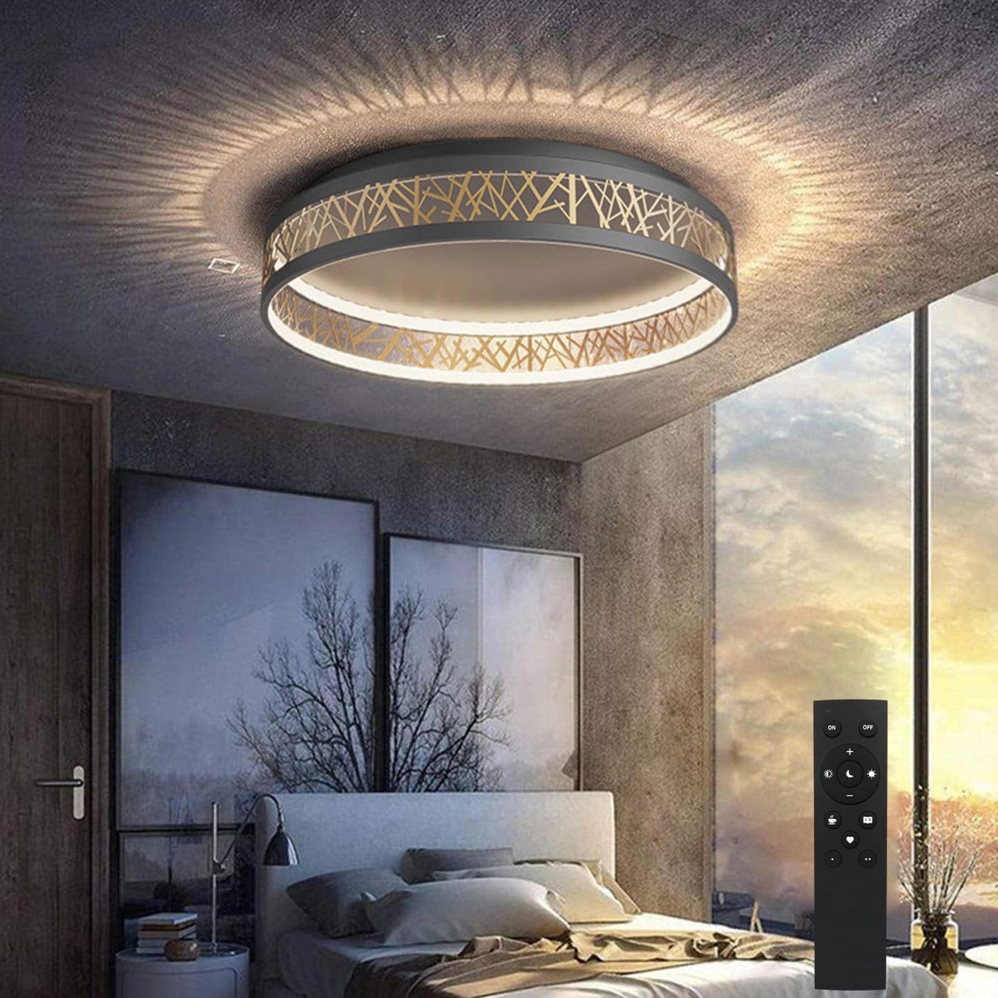 LED Ceiling Light with Remote Control, Dimmable Bedroom Lamp with Matte Compatible with HomeKit, Alexa, Google and IFTTT, Round, Black Gold, Hollow Design, Living Room, Diameter 50 x Height 12 cm