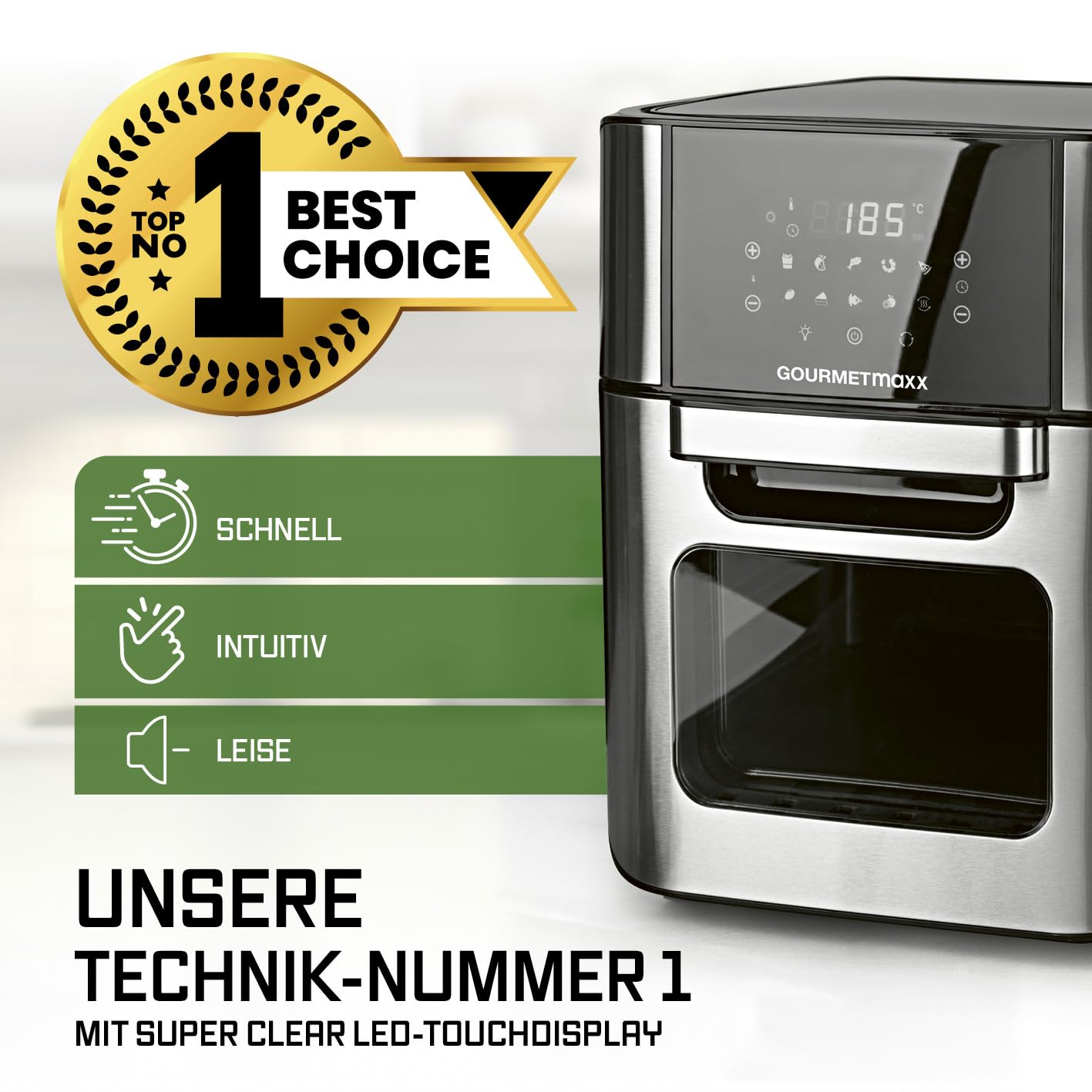 GOURMETmaxx Digitale Heißluftfritteuse 12 L, XXL-Edelstahl-Ofen | Airfryer + Timer, Touchdisplay, Drehspieß | fettarm, energiesparend frittieren | 10 Programme inkl. Pizza | 1800 W