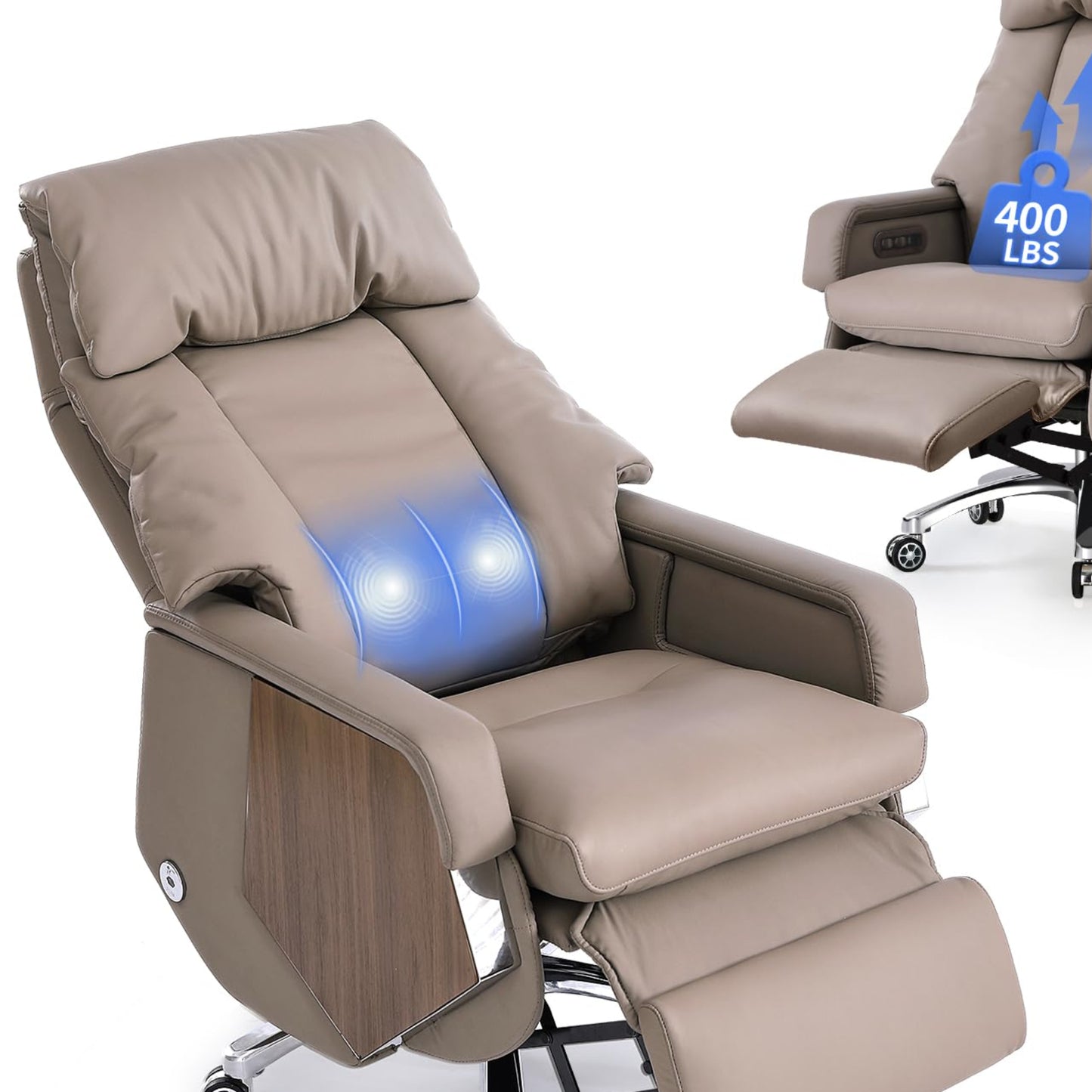 EMIAH Executive Massage Chefsessel M032-1 Liegefunktion Bürostuhl mit Armlehne Ergonomischer Schreibtischstuhl mit Fußstütze und Lendenwirbelstütze Elektrischer Rollender Leder Computerstuhl (Khaki)