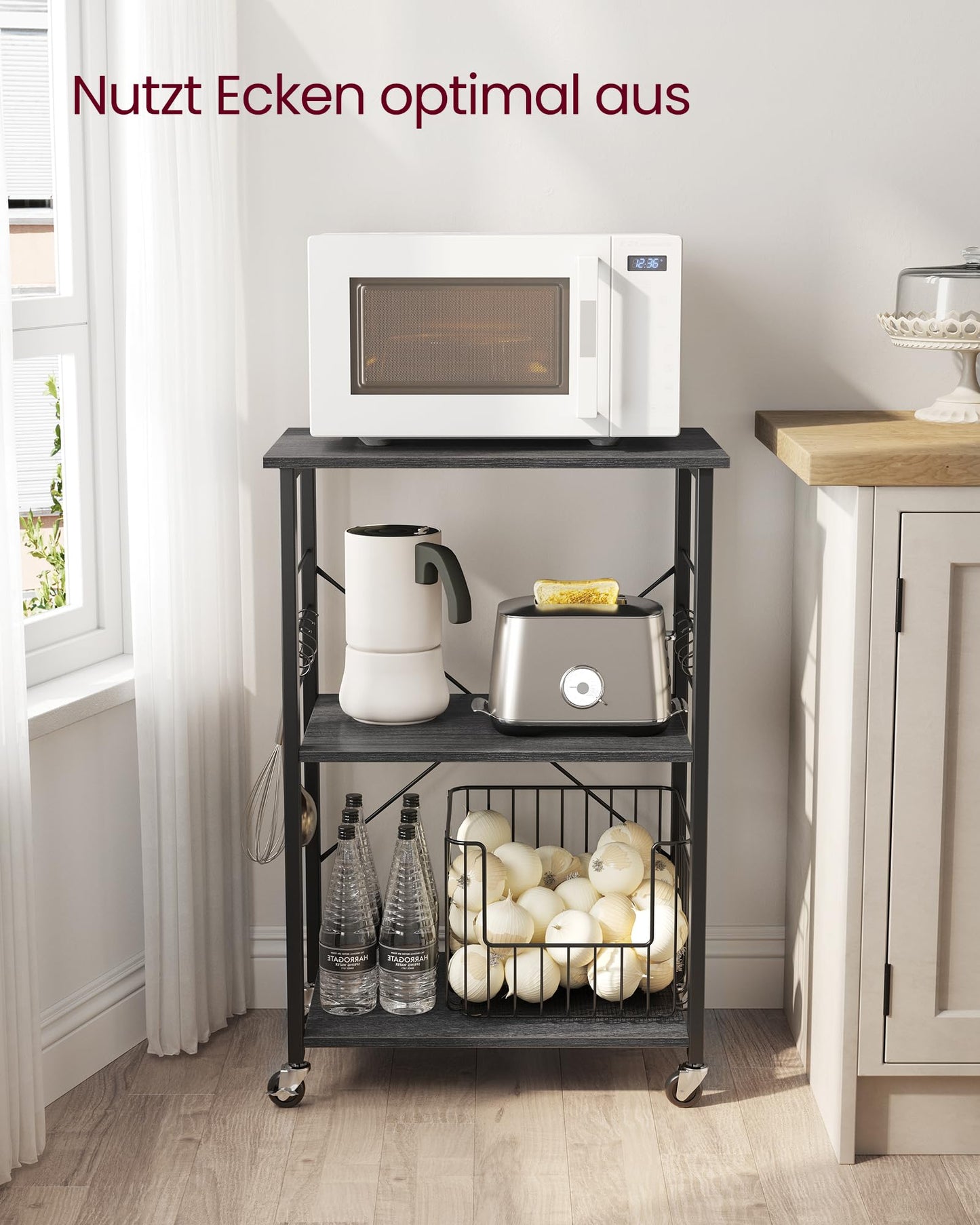 VASAGLE KKS60XV1 Kitchen Rack on Wheels Serving Trolley 3 Tier Kitchen Trolley Mini Oven Microwave Metal Frame 6 Hooks 40 x 60 x 89 cm Vintage Brown Ink Black