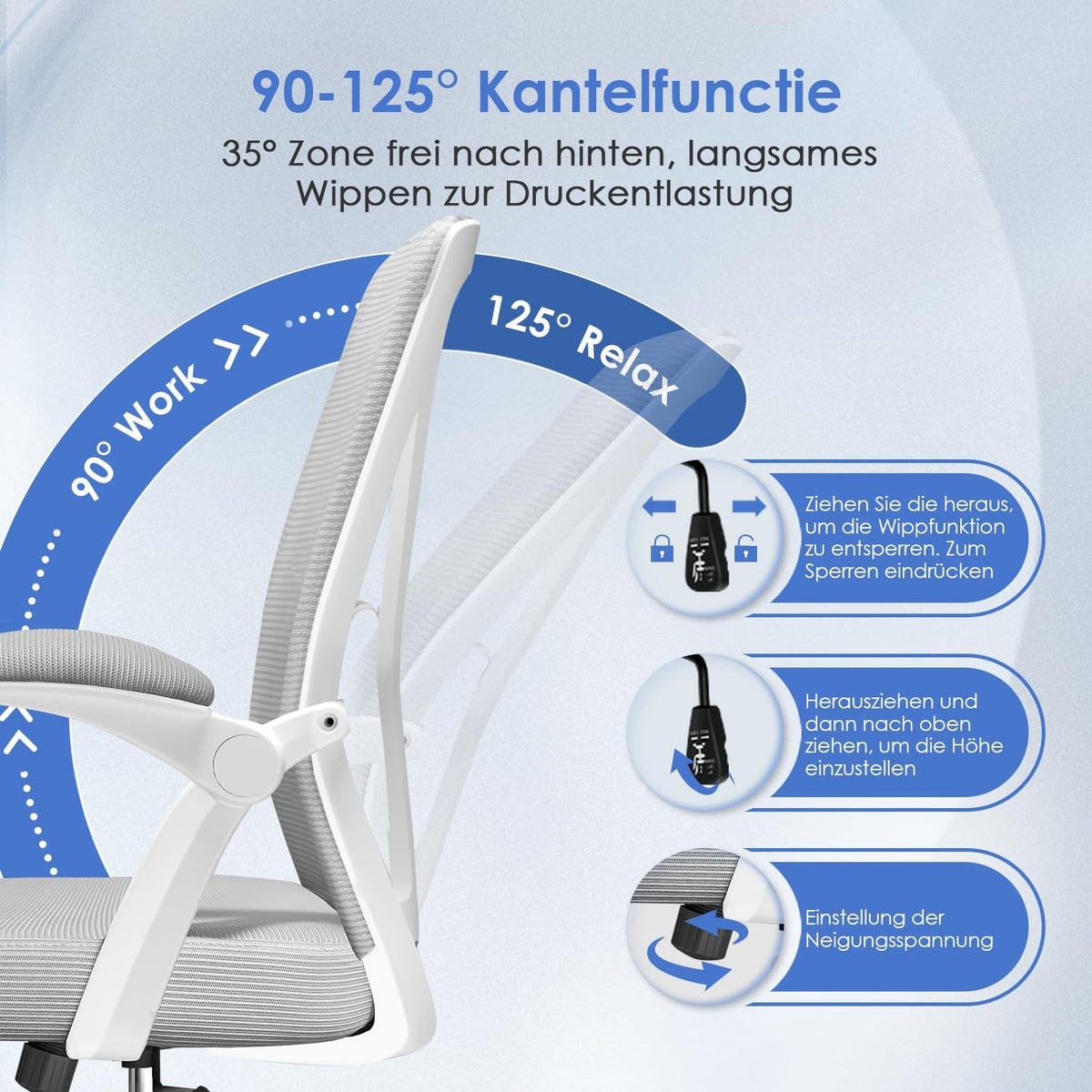 Hinonde Office Chair, Desk Chair with Folding Armrests and Rocker Function, 360° Swivel Chair, Height-Adjustable Office Chair, Ergonomic Home Office Chair with Breathable Mesh, Up to 150 kg