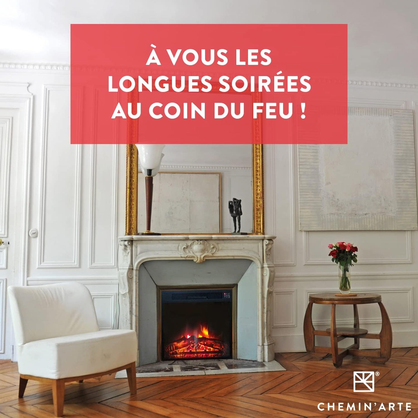 CHEMIN'ARTE Electric Fireplace XL - Electric 2-in-1 Standing or Built-in Fireplace Flame Effect LED Electric Heater 2000 W Fireplace with Remote Control, Start Control, Thermostat Black - 76 x 23 x 54