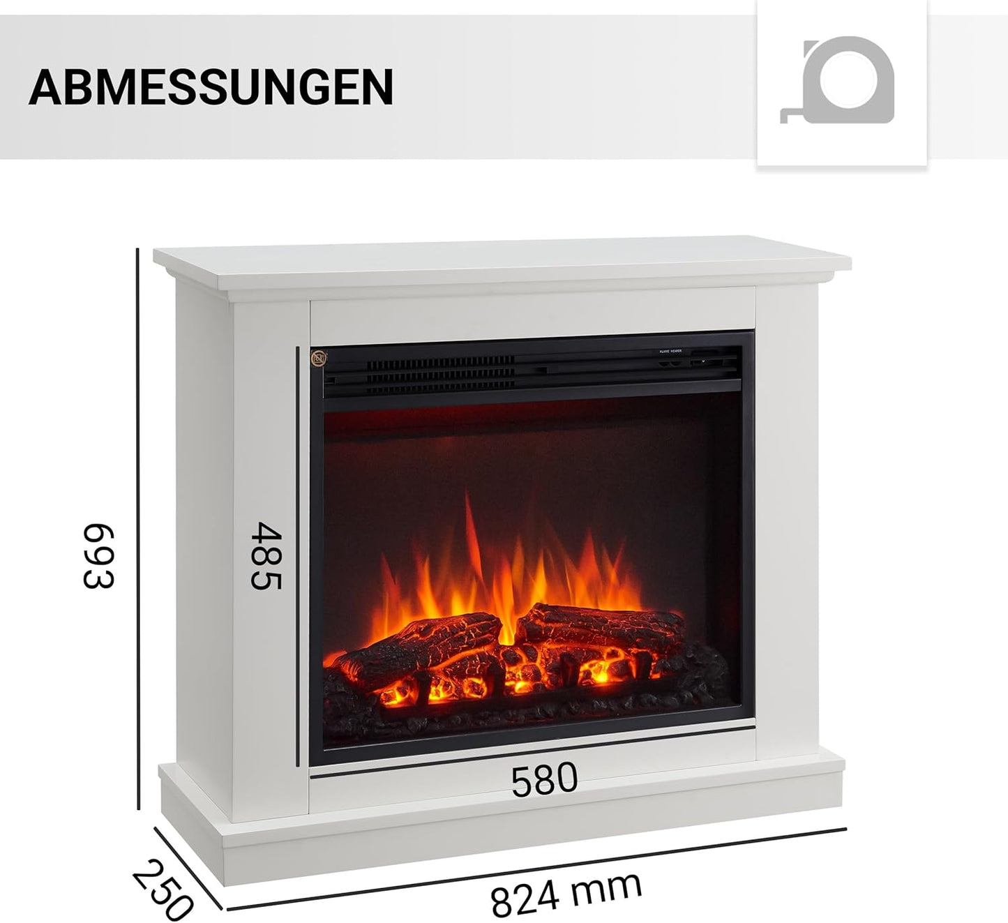 BALDERIA Phanos Electric Fireplace - Electric Standing Fireplace with Heating 1000/2000 W, Realistic 3D Flame Effect, Remote Control, Programmable, Timer, Thermostat - White (White)