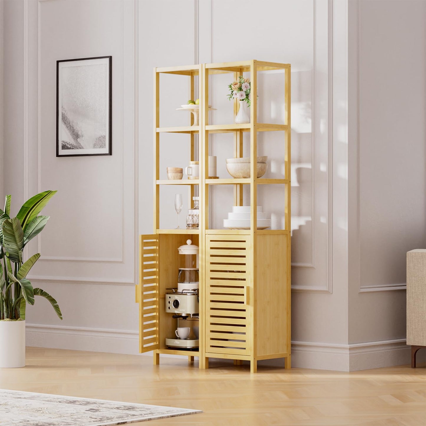 HITNET Bathroom Cabinet Bamboo Black Bathroom Cabinet Tall Cabinet Narrow Freestanding Floor Standing with Open Shelf and Single Door