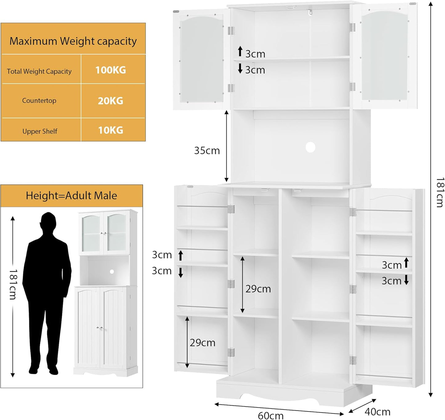 HOCSOK 181 cm Tall Kitchen Cabinet, Buffet Cabinet with Microwave Shelf and 8 Door Shelves, Freestanding Kitchen Storage Cabinet for Kitchen, Modern Style, White