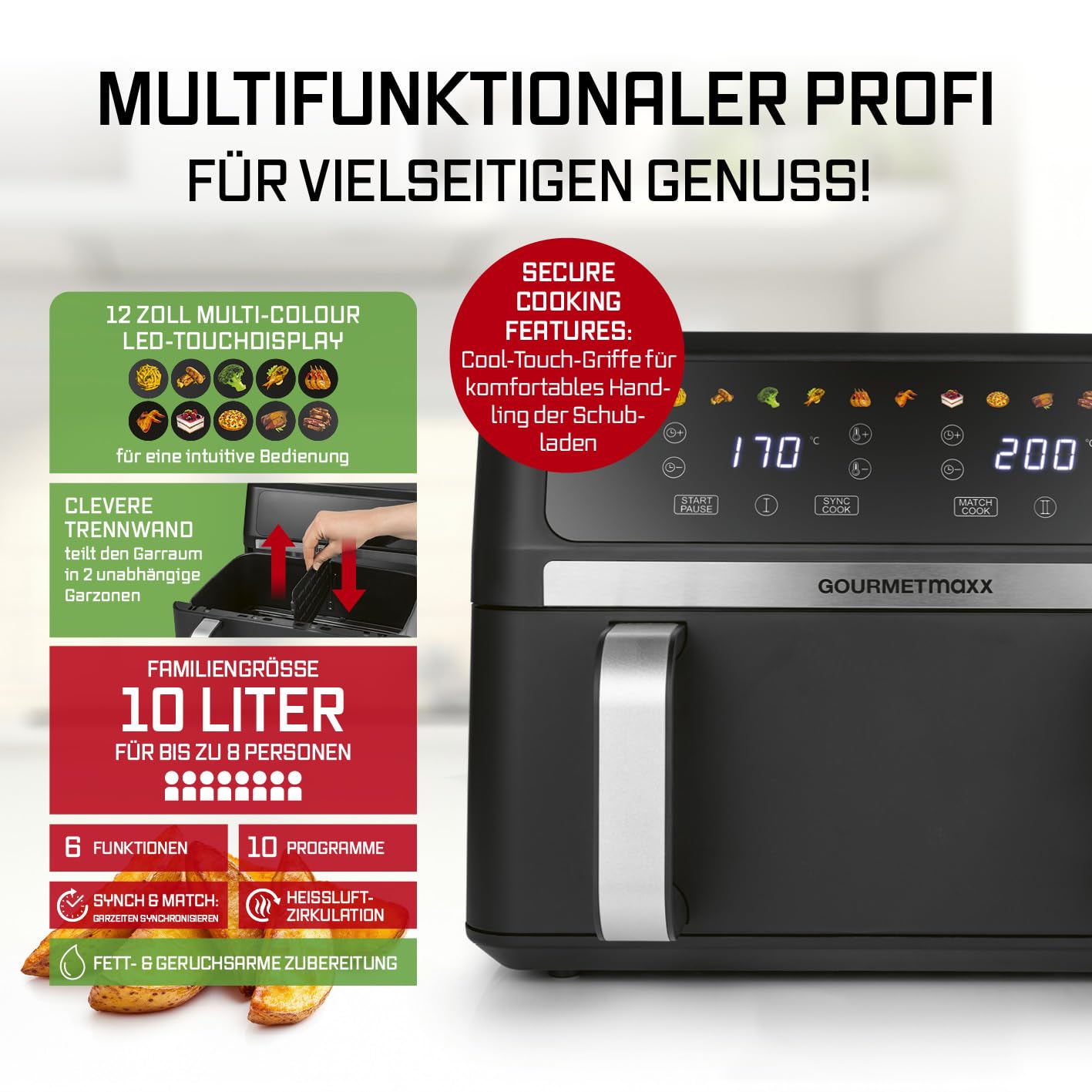 GOURMETmaxx Digitale Heißluftfritteuse 12 L, XXL-Edelstahl-Ofen | Airfryer + Timer, Touchdisplay, Drehspieß | fettarm, energiesparend frittieren | 10 Programme inkl. Pizza | 1800 W