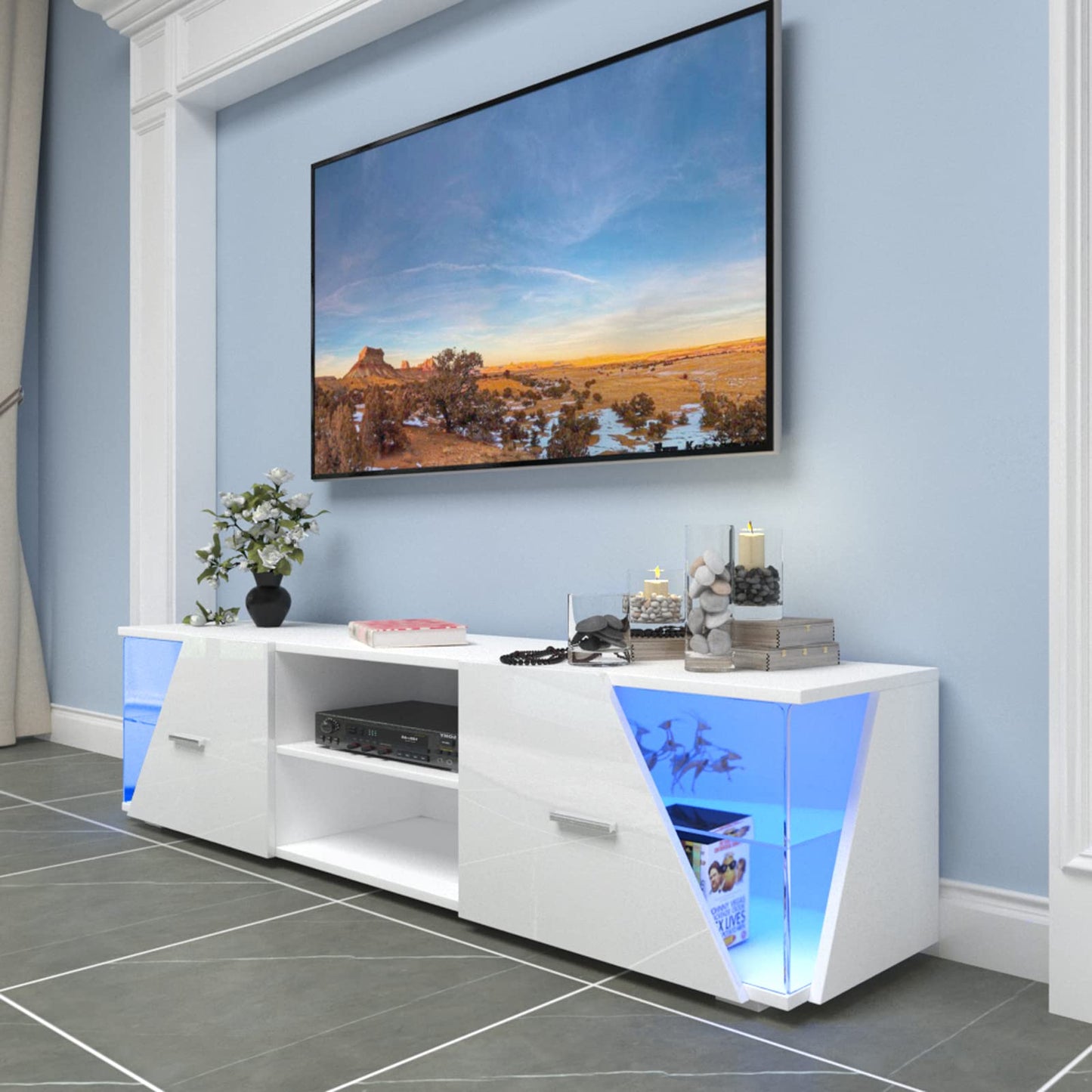 Dripex TV Lowboard White High Gloss with LED Lighting Cabinet TV Table TV Display Cabinet 150 x 37 x 35 cm
