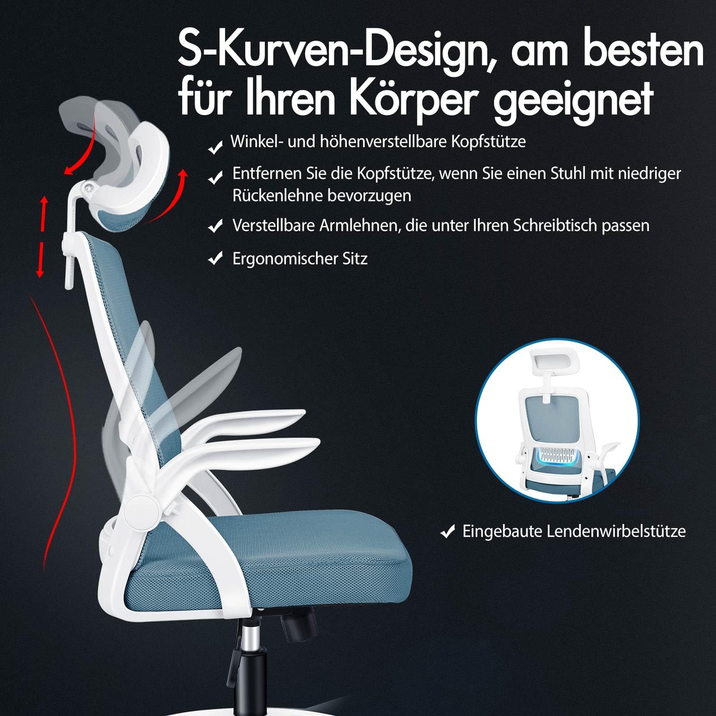 ALFORDSON Ergonomic Office Desk Chair, Computer Chair with Dynamic Lumbar Support, Tilting Swivel Chair with Flip Up Armrest, Black