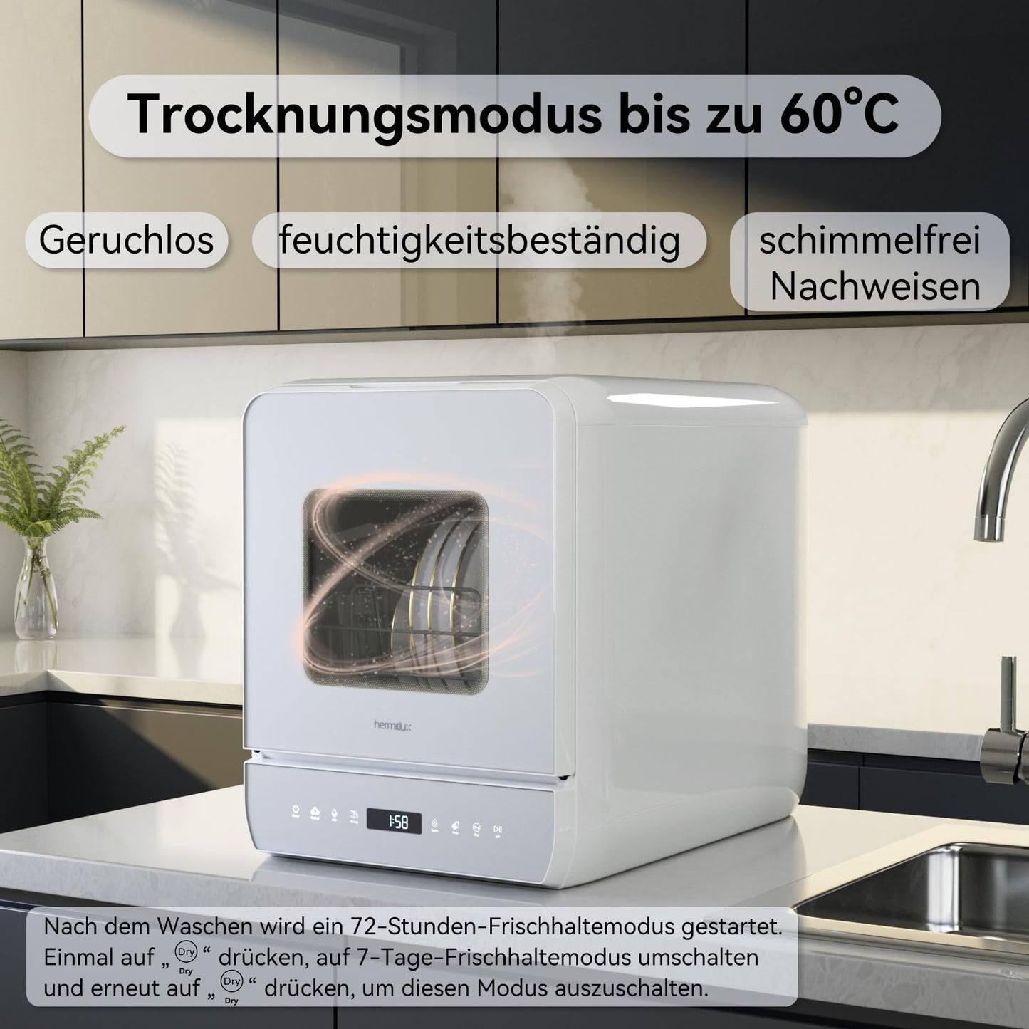 Hermitlux Tischgeschirrspüler, mini spülmaschine mit 7+3 Programme, 5 Maßgedecken, 5L Wassertank, Startverzögerung und Kindersicherung