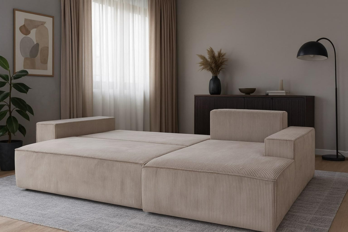 Selsey Sofa Corner Sofa Bed Couch with Storage Space Sleep Function Easy Care Polyurethane Foam L Shape Right Farese Beige Corduroy Look