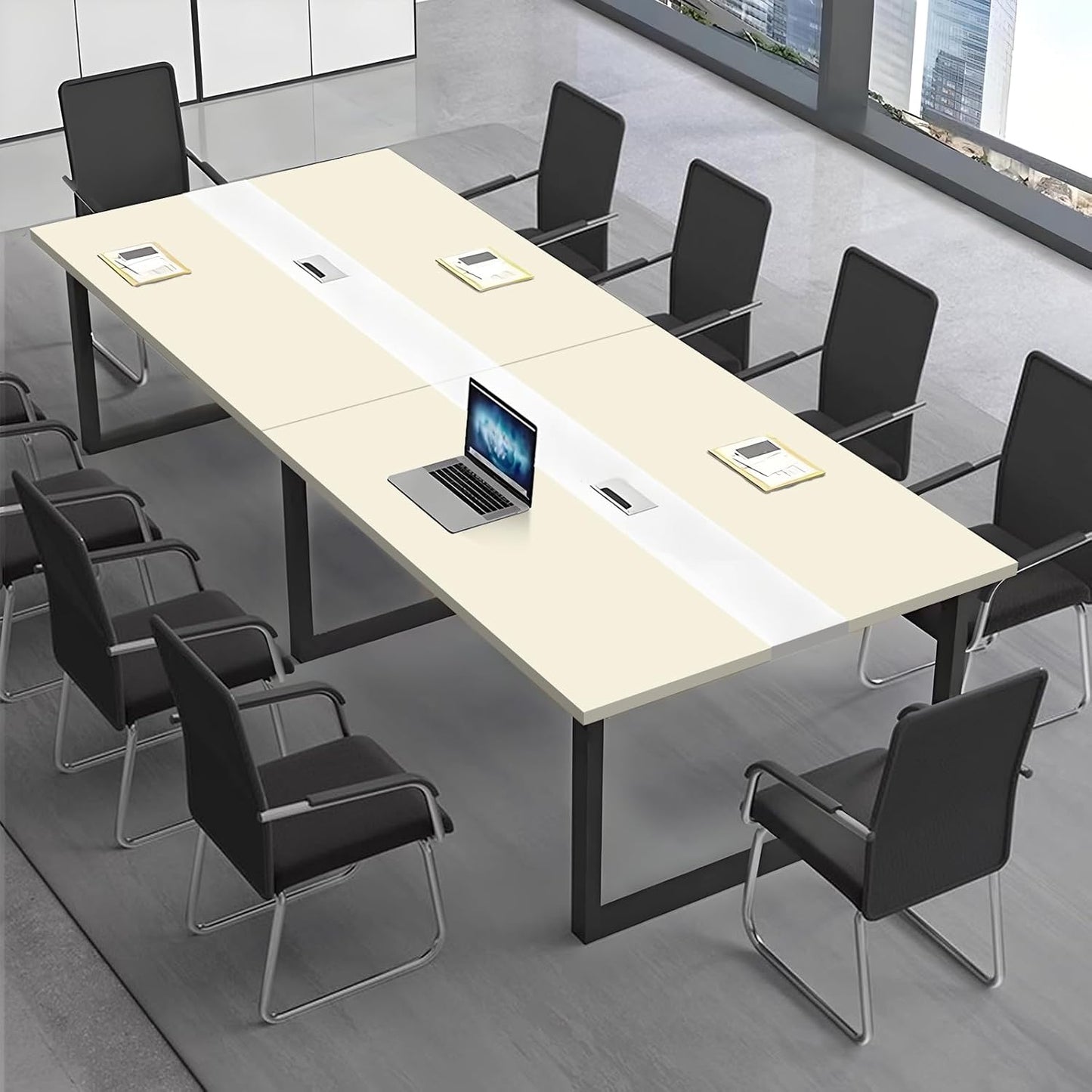 Large Conference Table, Modern Meeting Table with Cable Channel and Black Metal Frame for 8-12 People, Rectangular Seminar Table for Office, Conference Room