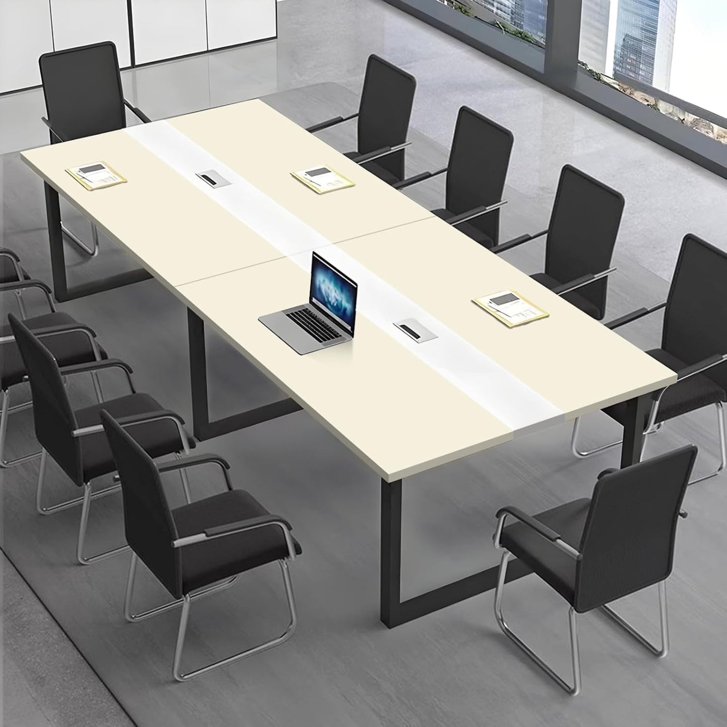 Large Conference Table, Modern Meeting Table with Cable Channel and Black Metal Frame for 8-12 People, Rectangular Seminar Table for Office, Conference Room