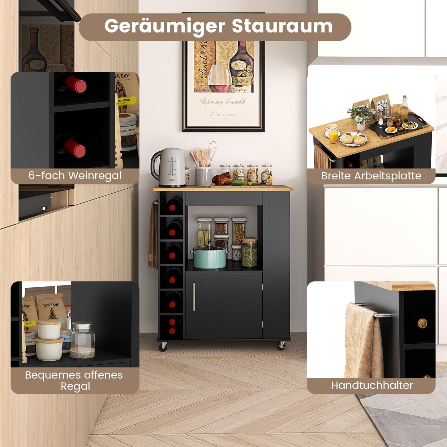 COSTWAY Kitchen Trolley on Wheels, Serving Trolley with Worktop & Towel Holder & Spice Racks, Wine Rack for 6 Bottles, Kitchen Island Wood, Kitchen Cabinet Rollable, for Kitchen, Dining Room, Bar