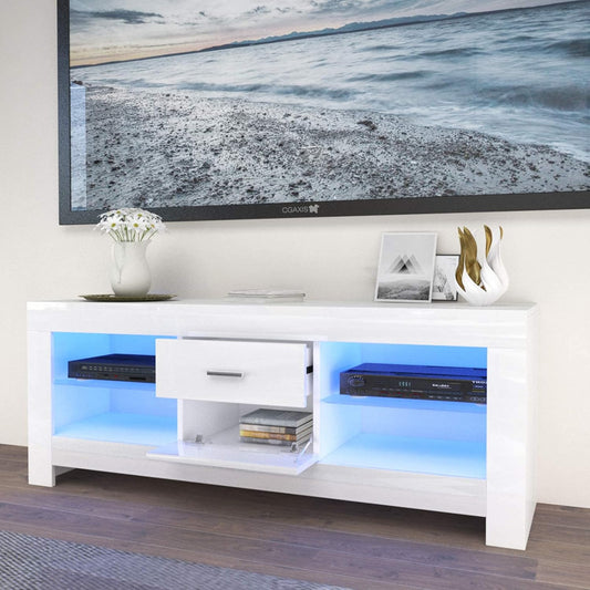 Dripex TV Lowboard, TV Sideboard with LED Lighting & Drawers, High Gloss TV Storage Unit, 130 x 50 x 35 cm, White