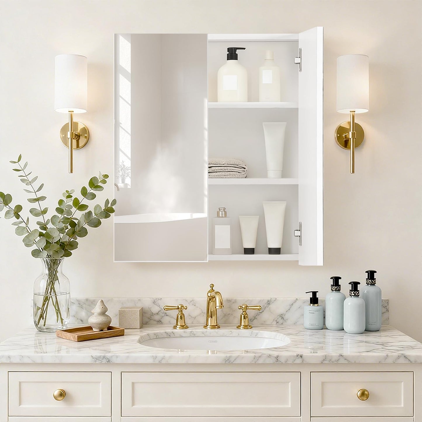 TUKAILAI Mirror Cabinet Bathroom Cabinet with 2 Toy Doors and Additional Shelf Storage Cabinet with Adjustable Shelves Wall Cabinet Medicine Cabinet Wall Cabinet for Bathroom White