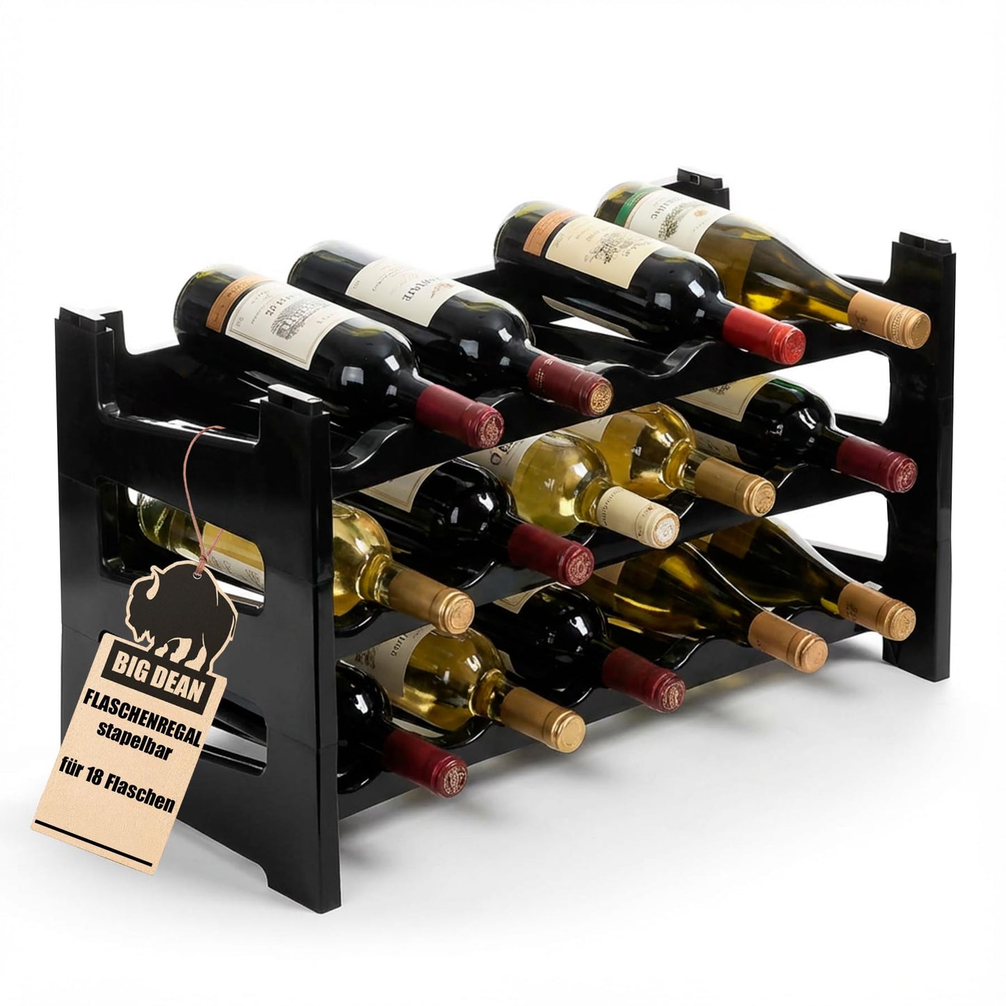 BigDean Bottle Rack Stackable for 72 Bottles Wine Rack Made of Plastic Black Drinks Rack Bottles Shelf System for Glass & PET up to 1.5 Litres