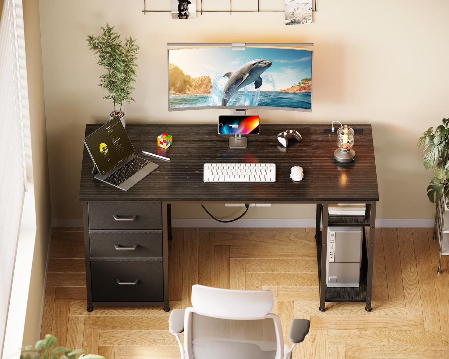 Coleshome Fabric Desk with 3 Drawers, 130 x 48 cm Computer Desk with 2 Sockets and 2 USB Charging Ports, PC Table with Shelf, Reversible Office Table for Office, Living Room, White